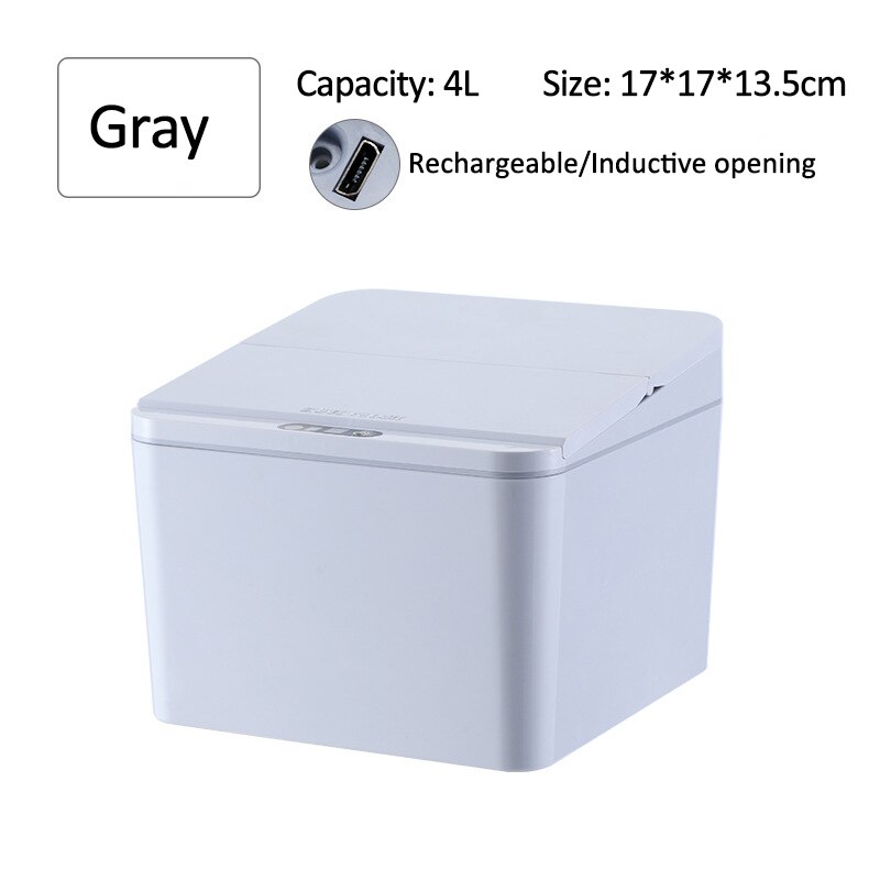 Mini poubelle à capteur de mouvement infrarouge intelligent, automatique, sans contact, poubelle pour Table, maison et cuisine: 4L Grey USB