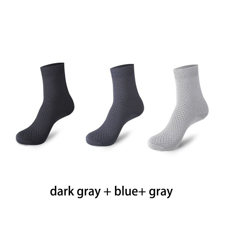 3 par/lot bambufiber långa strumpor herr crew strumpor rutiga affärsstrumpor man enfärgad höst calcetines hombre: Blå grå mörkgrå