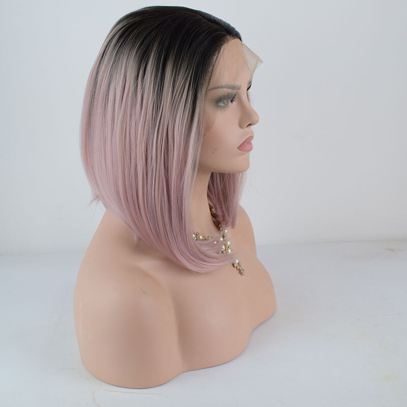 Bombshell Korte Rechte Bob Synthetisch Haar Lace Front Pruik Zwart Ombre Roze Hittebestendige Vezel Haar Middelste Deel Voor Vrouwen pruiken
