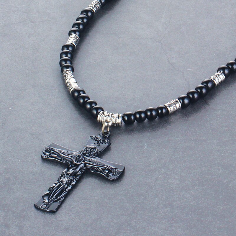 Retro jesus kors vedhæng halskæde sort farve perler kæder saint benedict medalje halskæder til mænd religiøse smykker kolye: G