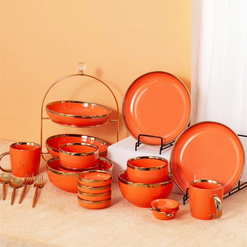 High Grade Bright Orange With Gold Lnlay Plates Steak Food Tray Ceramic Dinner Dish Salad Bowl Mug Porcelain Dinnerware