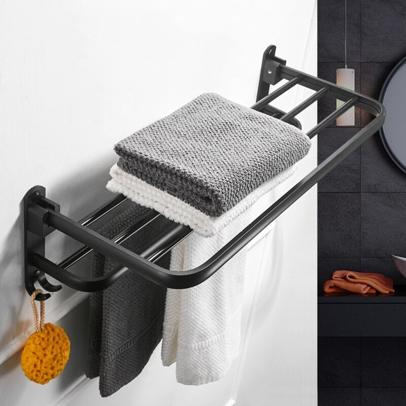Handdoekrek Handdoekrek Wandgemonteerd Badhanddoekrek Ruimte Aluminium Handdoekrekhouder 60 cm lang met haken Multifunctioneel Handdoekrek voor Keuken Badkamer Toilet/Lokaal Goud Badkamer Hardware