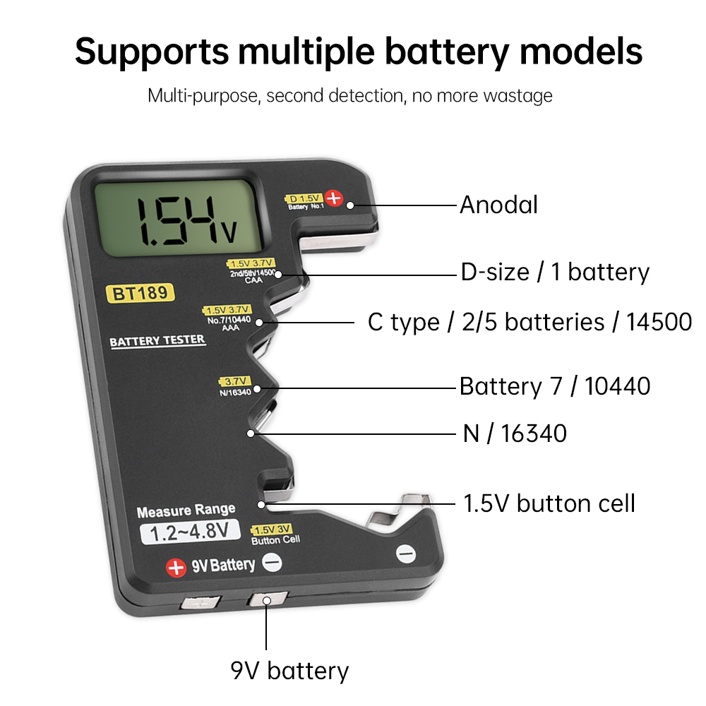 Probador de batería Digital LCD BT189, herramienta detectora de banco de energía, comprobador de batería Universal para pilas de botón AA AAA 9V 1,5 V/3V