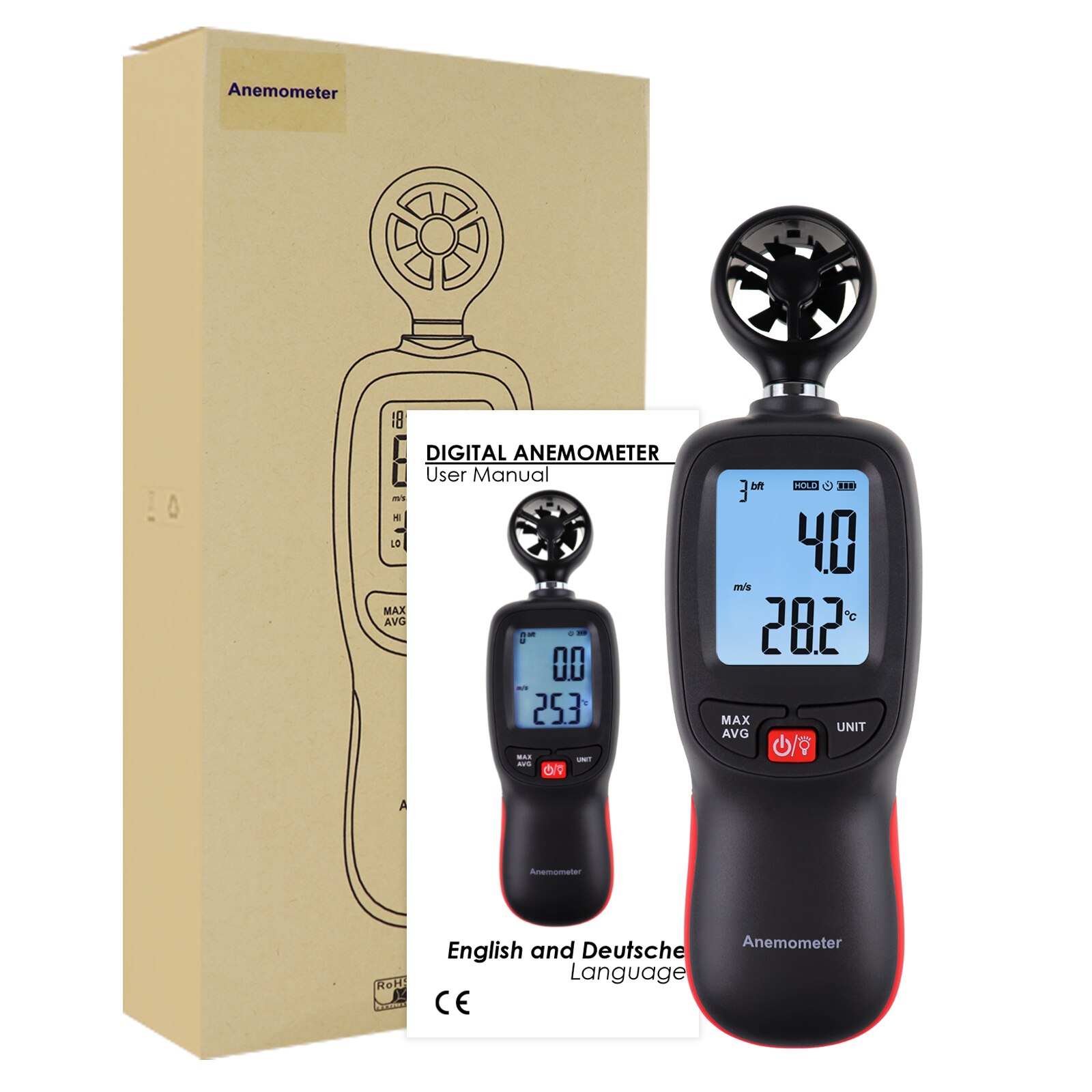 Handheld Digital Meter Anemometer Windspeed Air Velocity/Air Temperature/Wind Chill w/ Data Recording for Kite Flying Sailing