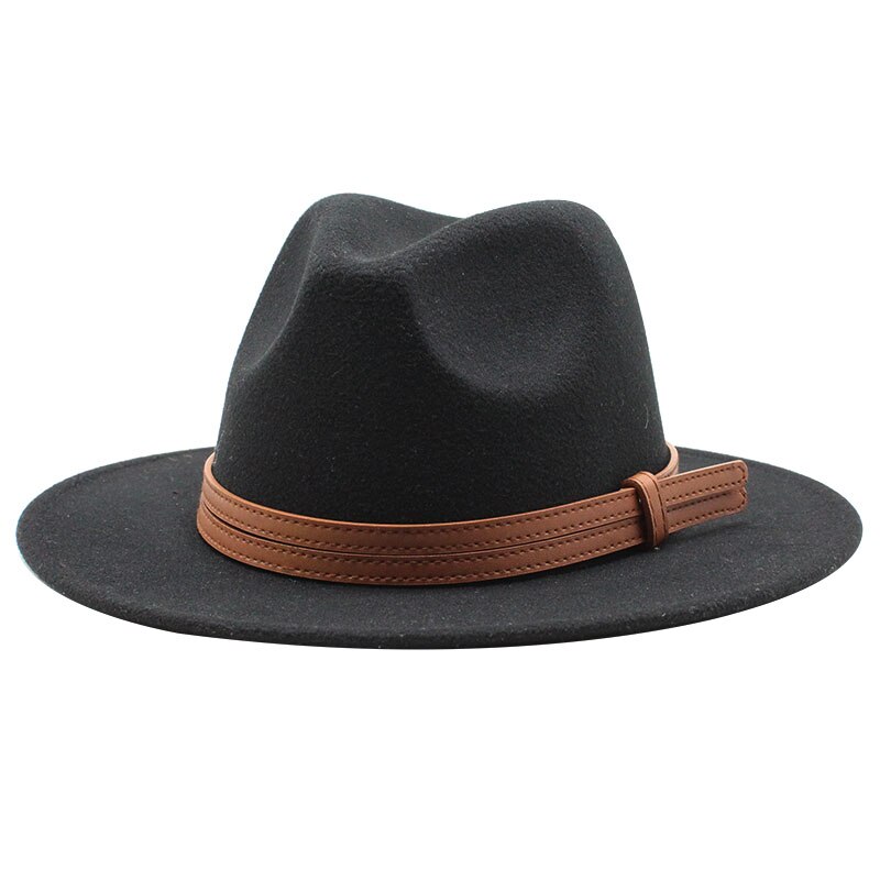 Chapeau fedora d'hiver en laine pour femme, casquette en feutre à large bord, chapeau trilby pour homme, panama, fête formelle, haut-de-forme, 19 couleurs: Noir
