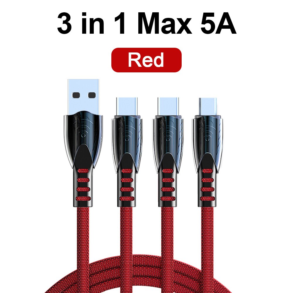 Grma 3 in 1 5A Charger USB Cable for iPhone Samsung Xiaomi Phone Aviation Alloy Head 3in1 Fast Charging Micro USB Type C Cable: Red  5A / 1.2m