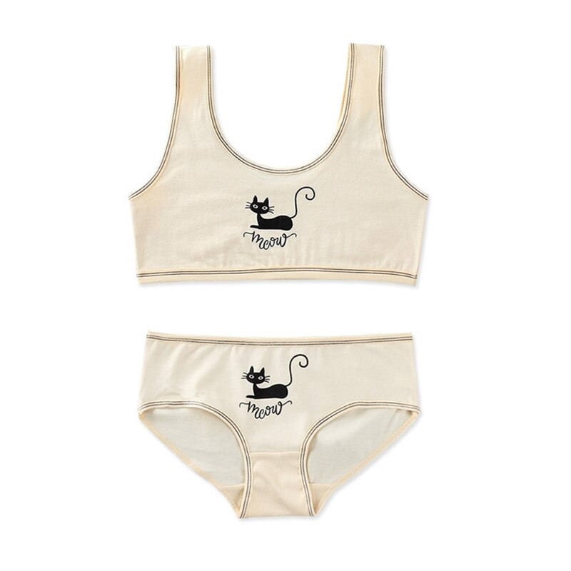 Adolescenti ragazze 2 pezzi Set di biancheria intima simpatico gatto nero stampa cinturino largo reggiseno da allenamento gilet a righe Top e mutandine abbinate sport U: Skin color
