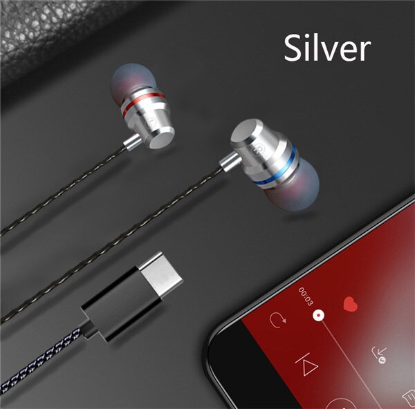 Type C Earphone Dynamic Drive HiFi USB-C Earbuds In-ear Bass Metal Sport Gaming Headset with Mic for Xiaomi Huawei HTC Samsung: White