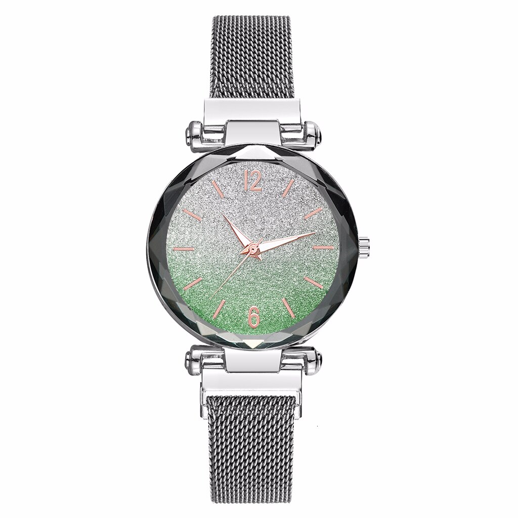 Kvinder magnet spænde gradient farve stjernehimmel ur luksus damer rustfrit stål mesh bælte kvarts ure ur: Sølvgrøn