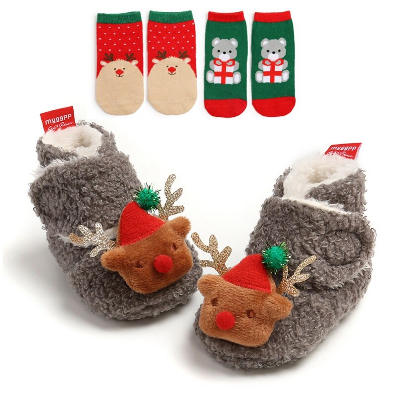 Winter Baby Eerst Lopen Schoenen Meisje Jongen Zachte Anti-Slip Schoenen Kerst Herten Kerstman Baby Schoenen + 2 hoofdbanden