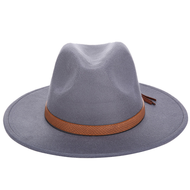Autumn and winter retro fedora men's and women's universal solid color snake leather belt classic church hats bowler jazz man: Gray / 59-61CM