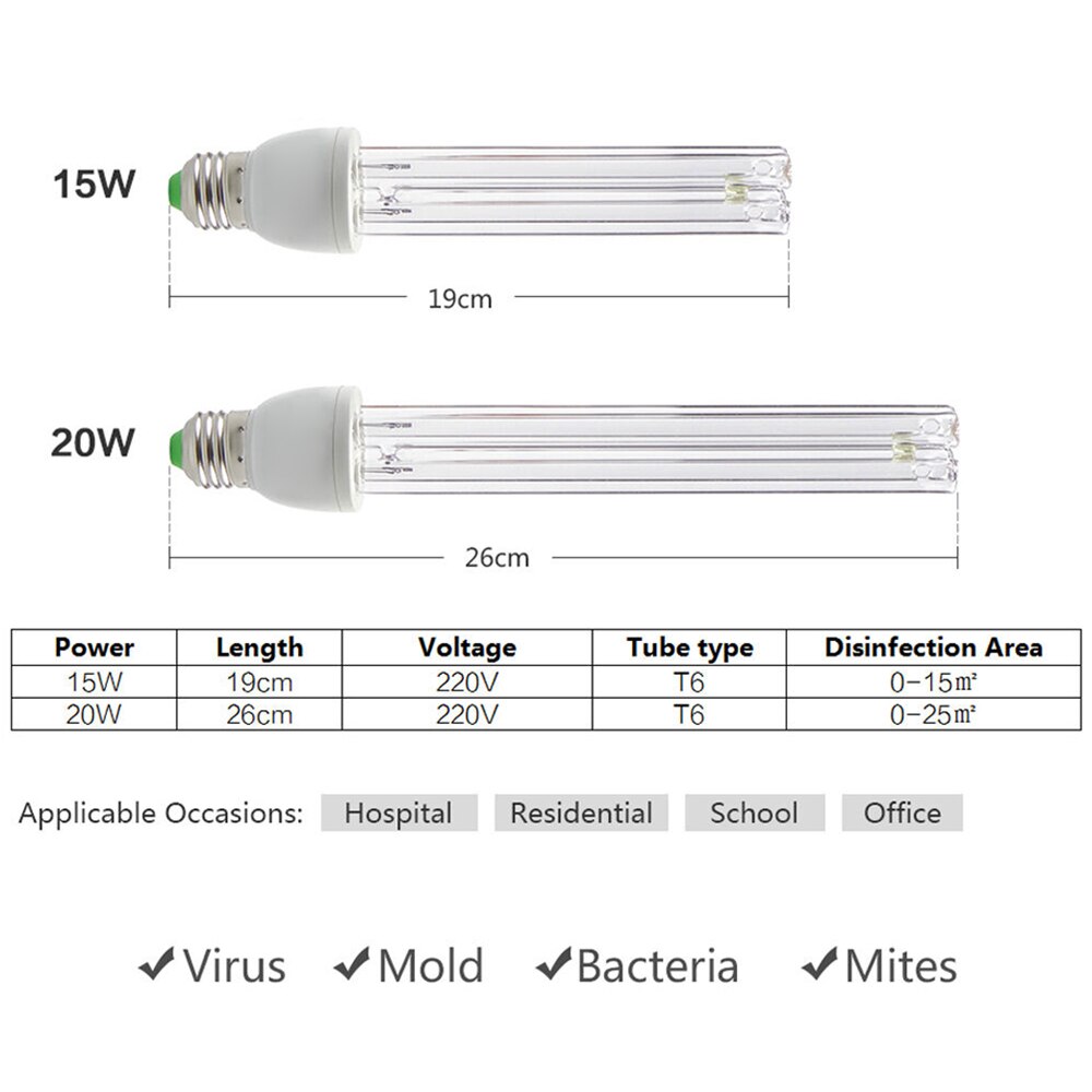 1 Pcs Uvc Ultraviolet Sterilizing Lamp Uv Lights E27 15w/20w Bulb For Home Office Germicidal Lamp Fixtures