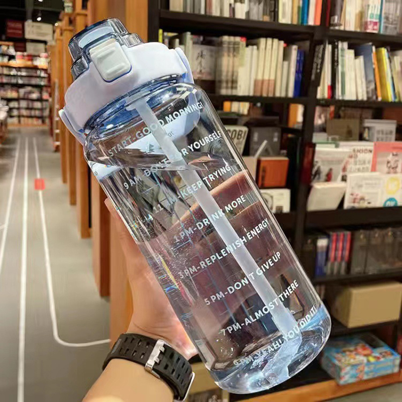 2 Liter Big Water Bottle With Straw Outdoor Sports Female Travel bottles Fitness Cup Summer Cold Water Jug with Time Marker: Blue