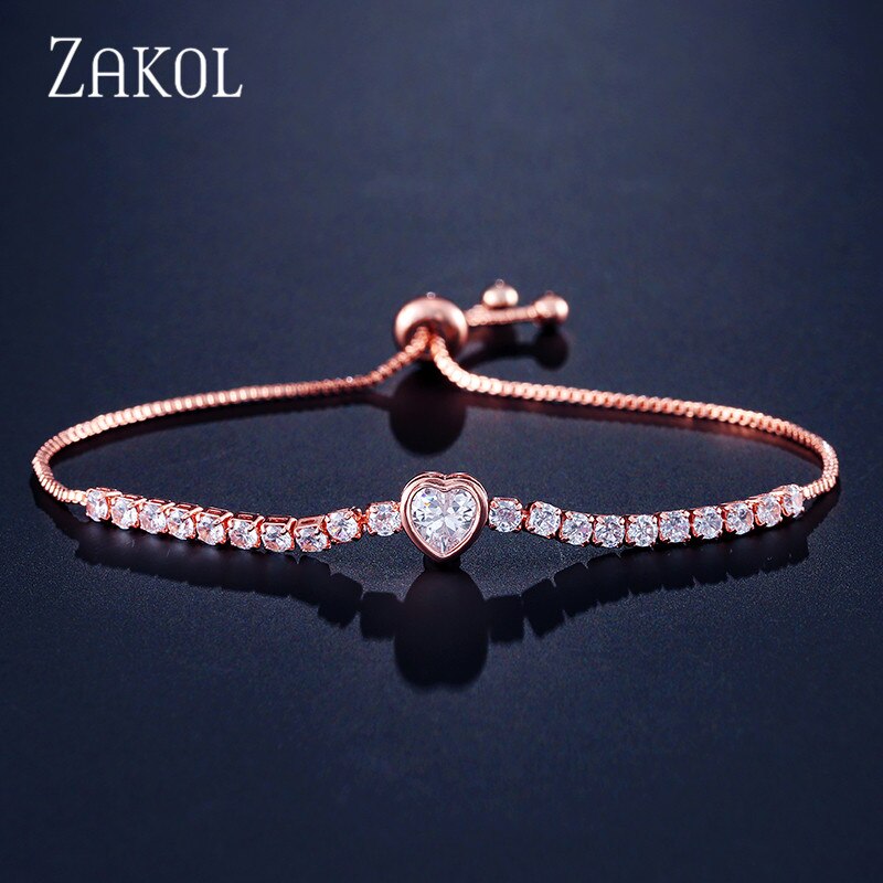 ZAKOL Round Tennis Bracelet For Women Shinny Cubic Zirconia Charm Bracelets & Bangles Femme Wedding Jewelry FSBP2140: Rose Gold Color