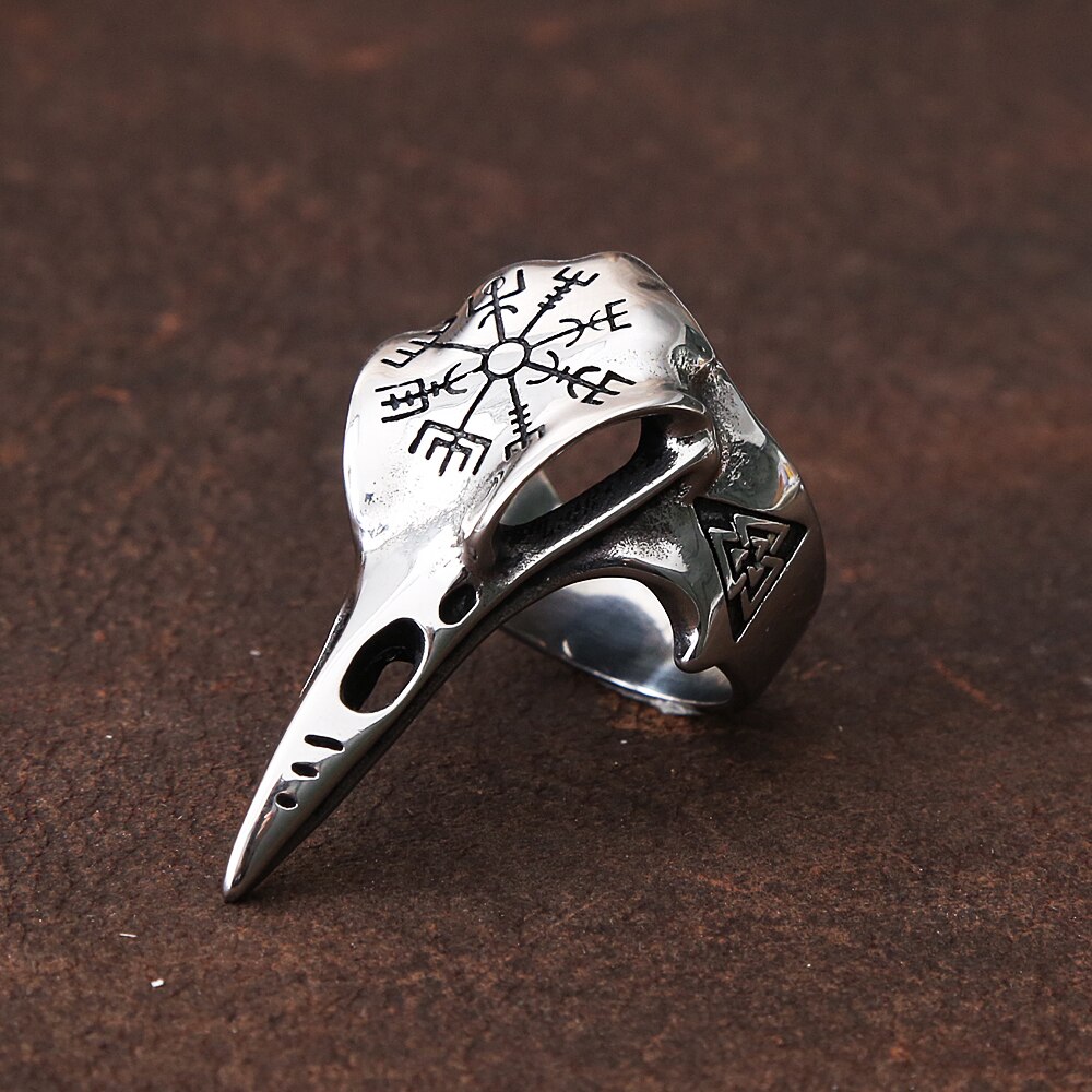 Vintage Odin Crow Skull Men&#39;s Ring Gothic Stainless Steel Compass Rings For Men Viking Accessories Valknut Ring Amulet Pattern