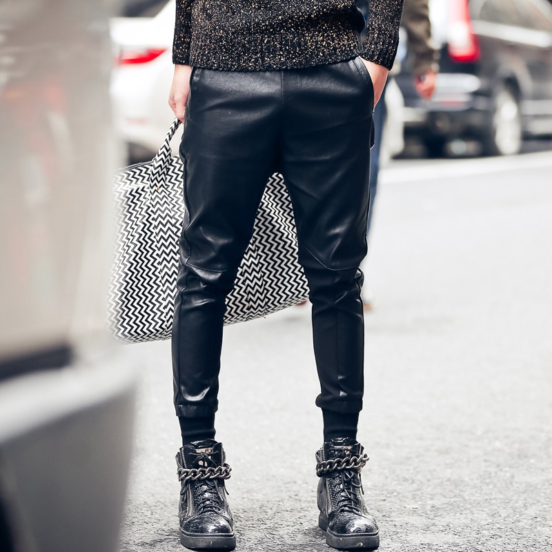 Heren casual leren broek schroef nep tweedelige skinny broek mannelijke taps toelopende broek zwarte broek zanger kostuums