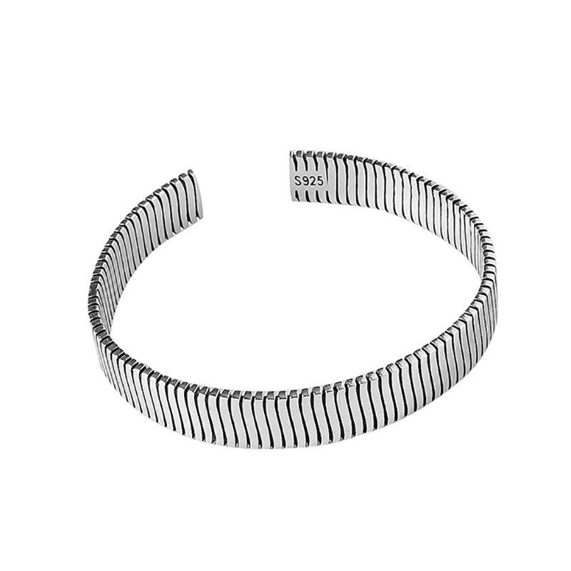Foxanry 925 Sterling Silver Charm Brcacelet Bangles for Women Summer Vintage Handmade Stripe Geometric Party Jewelry
