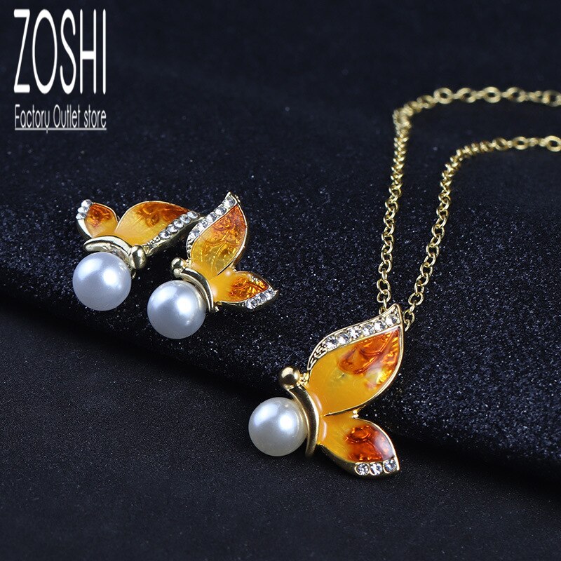 Bohemian Vlinder Kettingen Voor Vrouwen Gouden Ketting Gesimuleerde Pearl Stud Oorbellen Enamel Ketting Sets Winter Sieraden Set