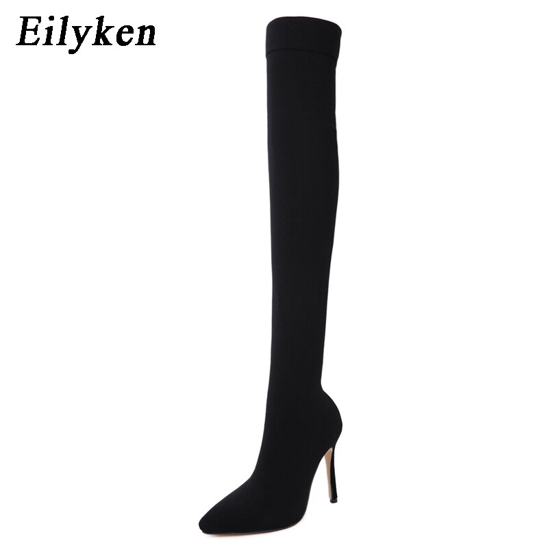 Eilyken Zwarte Vrouwen Dij Hoge Laarzen Mode Elastische Slanke Hoge Hakken Over De Knie Laarzen Sexy Skinny Lange Sok Laarzen schoenen