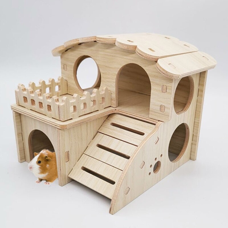 J2FB Hamster Wooden Hideout House Pet Rats Climbing Play Hut Villa Hideaway Room for Dwarf Gerbil Small Animals