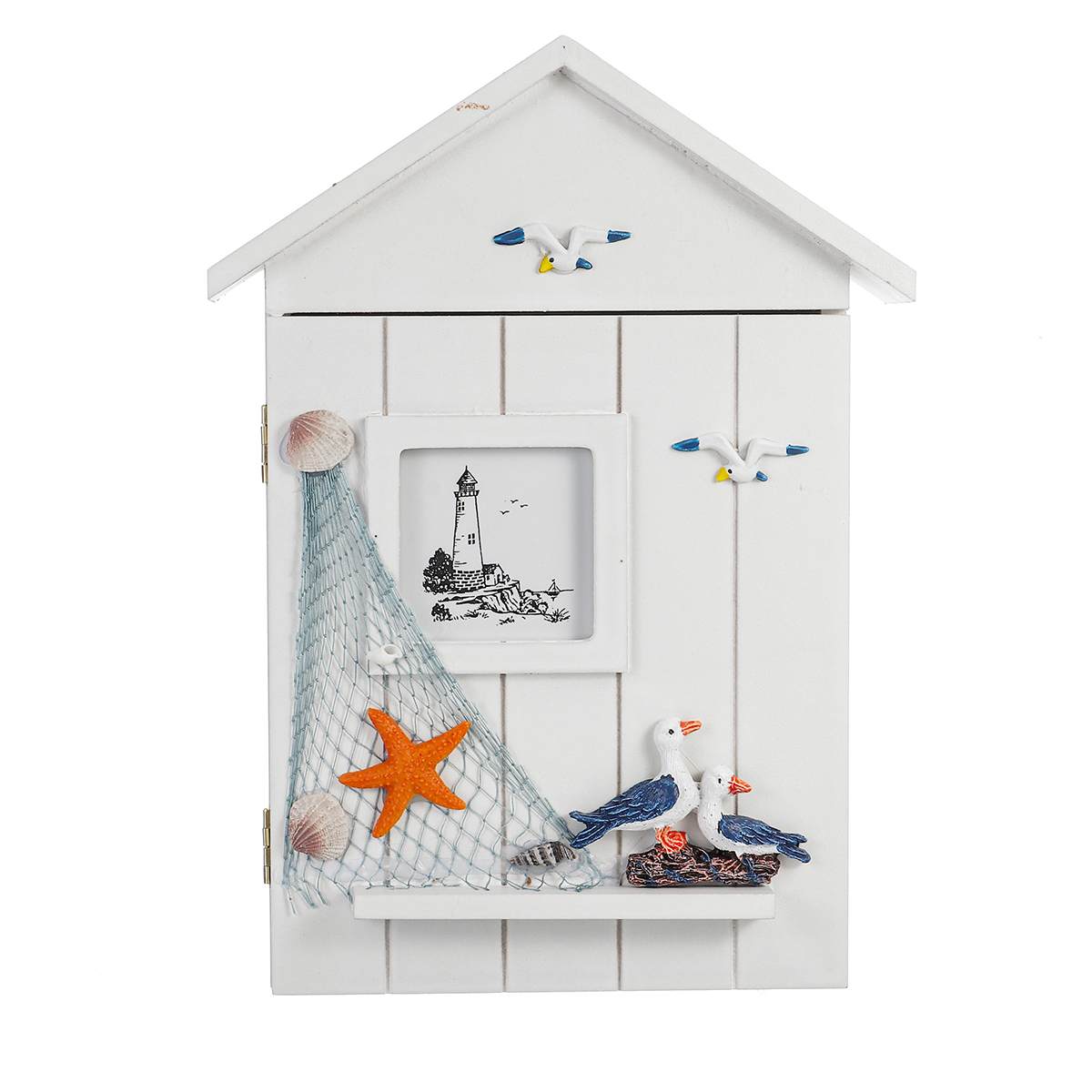 Caja para llaves con forma de casa de estilo mediterráneo de madera, organizador de pared colgante 18x5x30cm, almacenamiento y organización del hogar