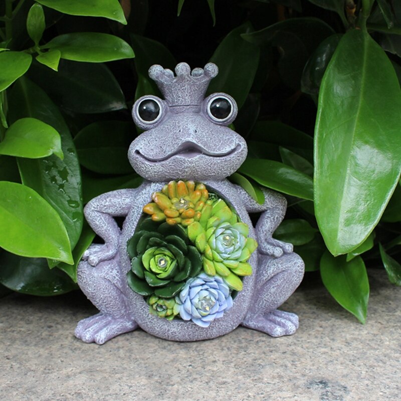 Solar Garden Statue Frog Ornament with Succulent 4 LED Lights Outdoor Lawn Decor