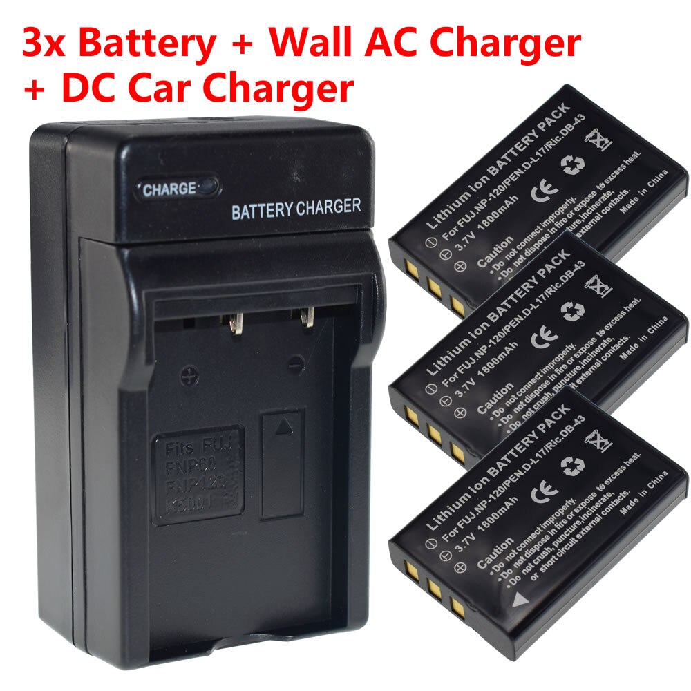 Batterie 2x NP-120 NP120 FNP120 DL17 D-Li7 DB-43 BP-1500s, chargeur mural AC, prise de voiture, pour Fuji Fujifilm F10 F11 M603 Zoom Pentax: 3 Battery