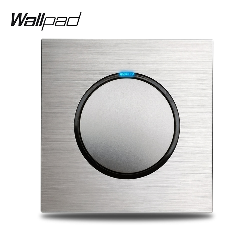 Wallpad Grey L6 1 Gang 1 Way 2 Way Light Switch Brushed Silver Aluminum Plate Push Return Button With Blue LED Indicator