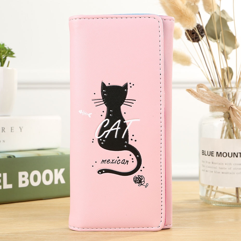 Women Simple Cat Long Wallet Coin Purse Card Holders Handbag Package Fold Pu Leather Female Coin Purse Card Holder