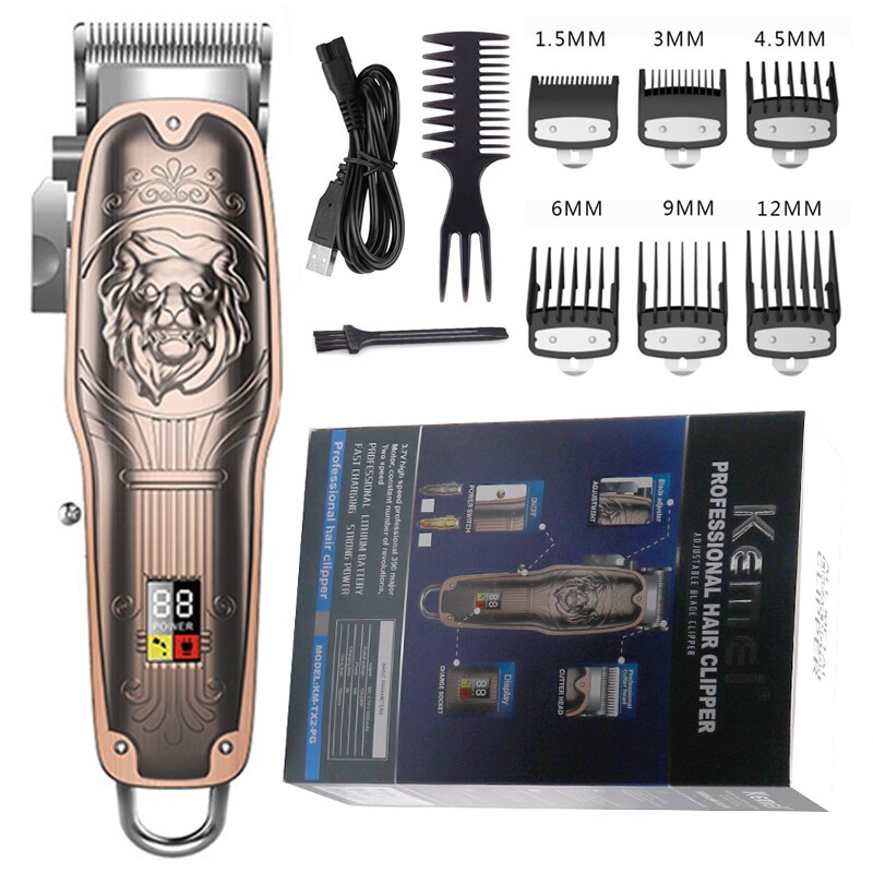 LCD hair trimmer rechargeable cordless hair clipper finishing blending electric hair cutting machine taper lever: copper with box