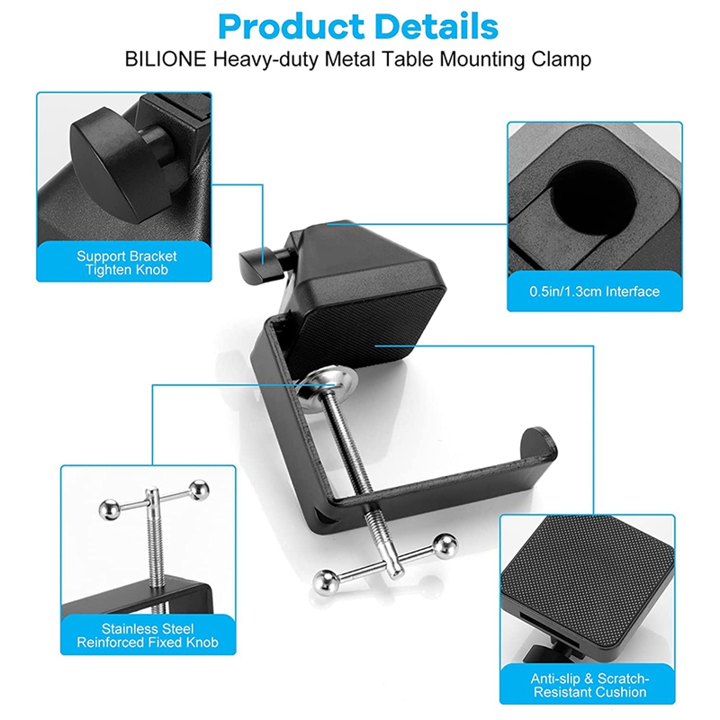 Heavy-Duty Table Mount Clamp, C Mounting Clamp Holder with Headset Hook Hanger for Microphone Suspension Boom Arm Stand