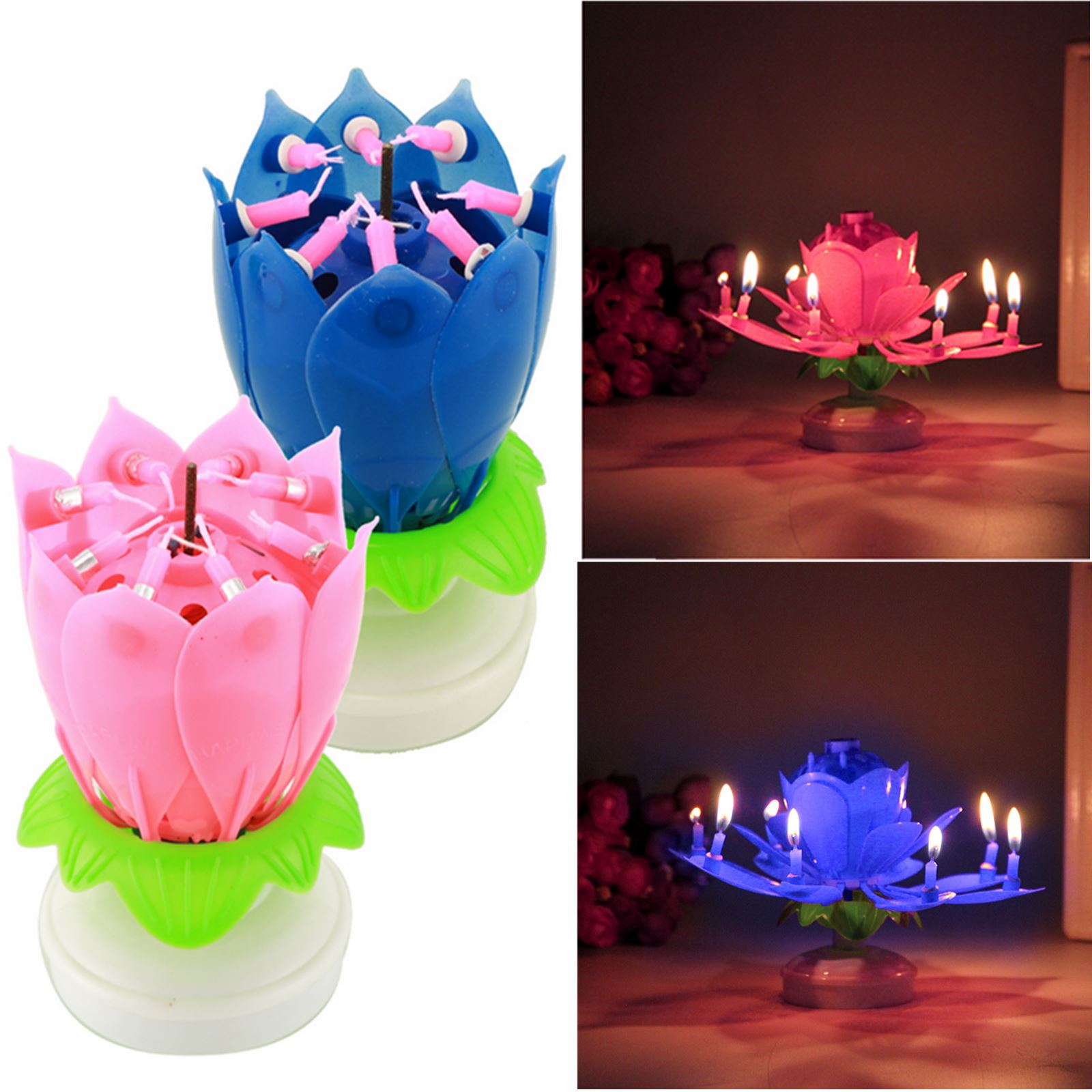 Innovative Cake Topper Musical Blooming Lotus Flower Double-deck Rotating Happy Birthday Candle Light Party DIY Cake Decoration