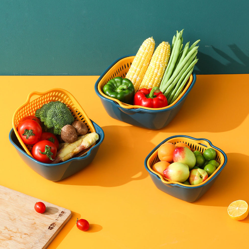 6 Stuk Dubbele Laag Afvoer Mand Plastic Groente Wasmand Wastafel Huishouden Keuken Wassen Box Wassen fruit Blauw