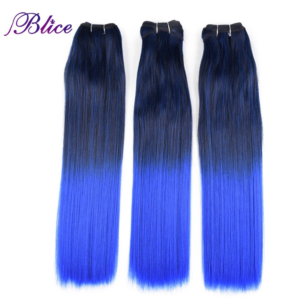 Extension synthétique Yaki mixte # 1B/bleu 18 pouces-Blice | Extensions à coudre lisses, Double trame longue, 100g/pièce, lot de 3 pièces