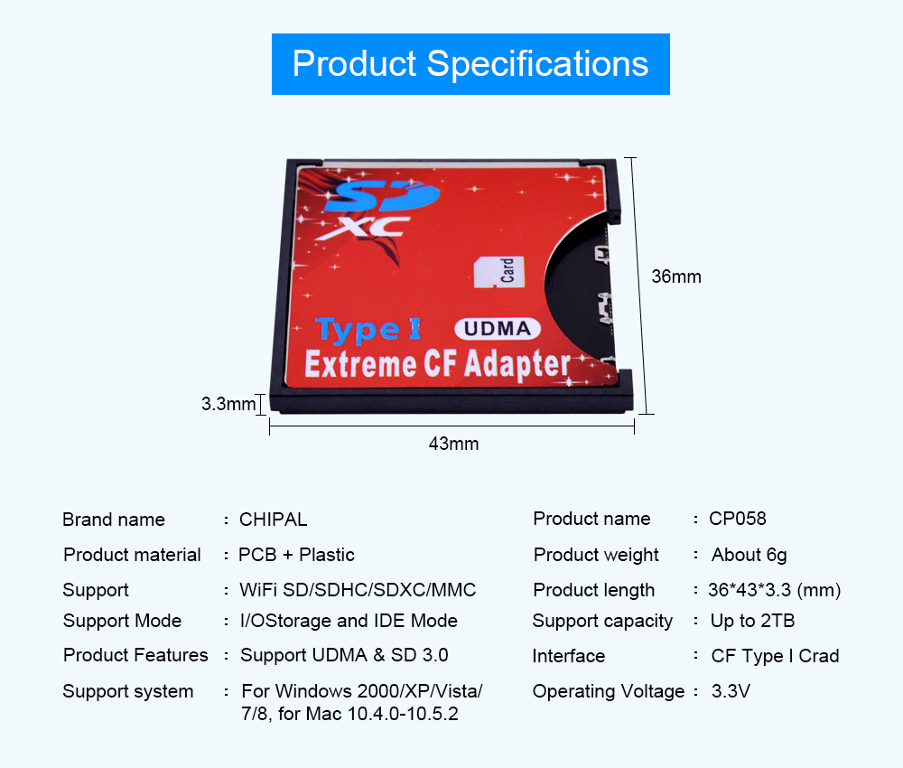 Chipal höghastighets sd till cf kort adapter kortläsare udma sdhc sdxc till standard compact flash typ i minneskonverterare kortläsare