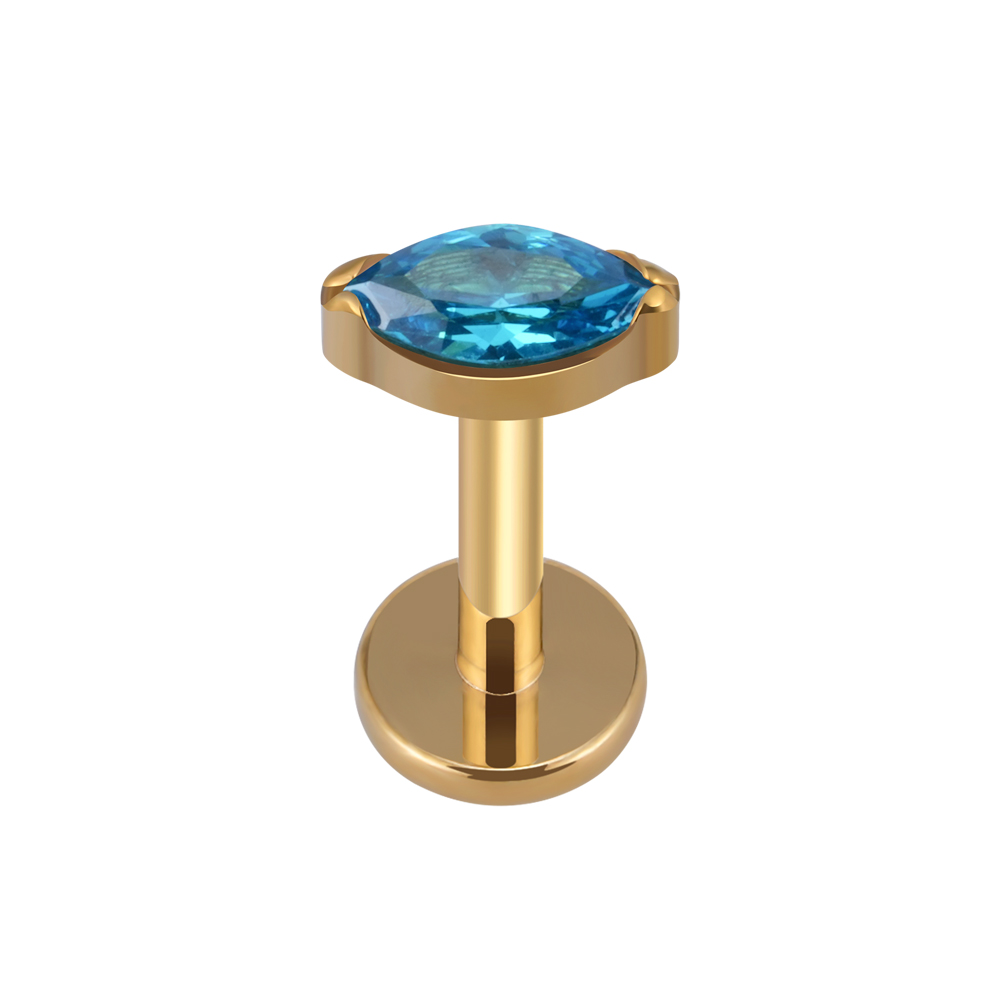 ASTM F136 Titane Unique Minuscule Marquise CZ Filetage Interne Dos Plat Labret Hélix Tragus Perçant Labret: Gold Blue Topaz