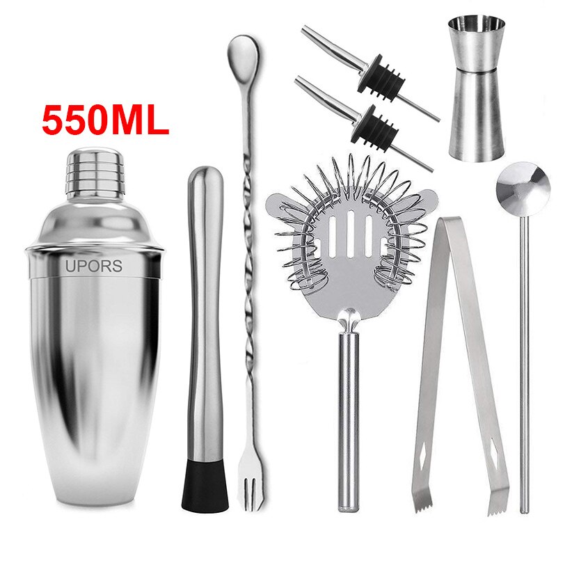 Stainless Steel Cocktail Set 550ml/750ml Cocktail Shaker Set with Muddler Jigger Bar Spoon Ice Tong Bartender Kit Bar Set: 550ML-9PCS