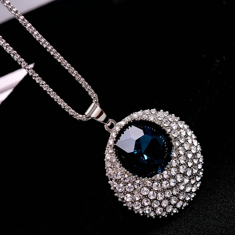 Vintage Blue Crystal Long Necklace Women Bijoux Jewelry Necklaces & Pendants Classic Ethnic Style