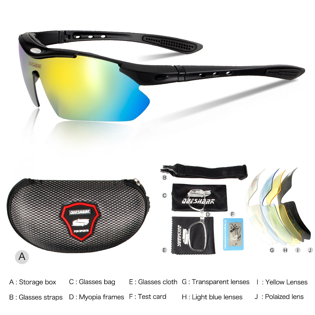 Queshark 5 linse fiskesolbriller udskiftelige linse lystfiskeri camping polariserede cykelbriller fiskerbriller sportsbriller: Mat sort