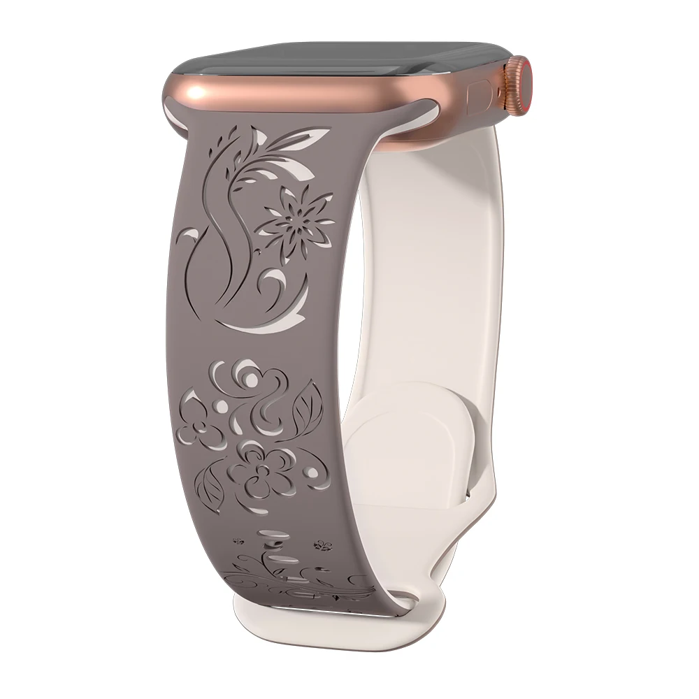 Silicone Floral Engraved Strap For Apple Watch 38/42/46mm 41/44/45mm 49mm Sport Bracelet For iWatch Series 10/9/8/7/6/Ultra Band: Coal Black / 14mm