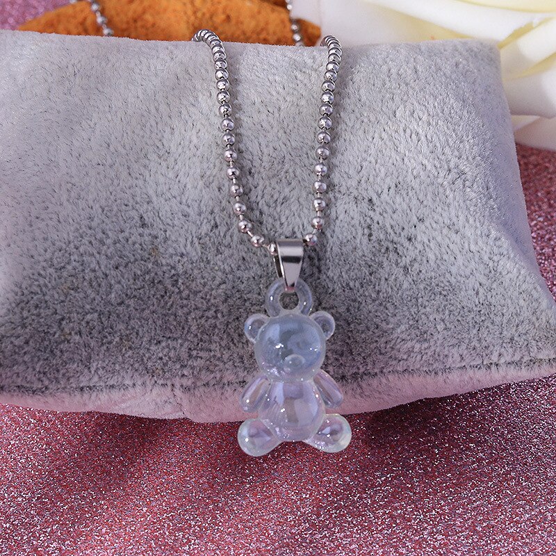 7 Colors Rainbow Pride Cute Jelly Bear Gummy Necklaces for Women Girls Cool Punk Hip Hop Resin Necklaces Accessories: Lake blue