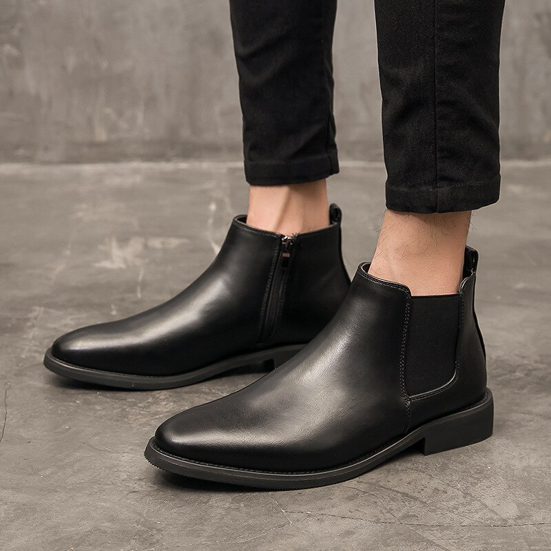 Botas Chelsea clásicas de invierno para hombre, botas altas transpirables con punta estrecha, botas totalmente negras, cuero de , cremallera, zapatos informales fáciles de combinar