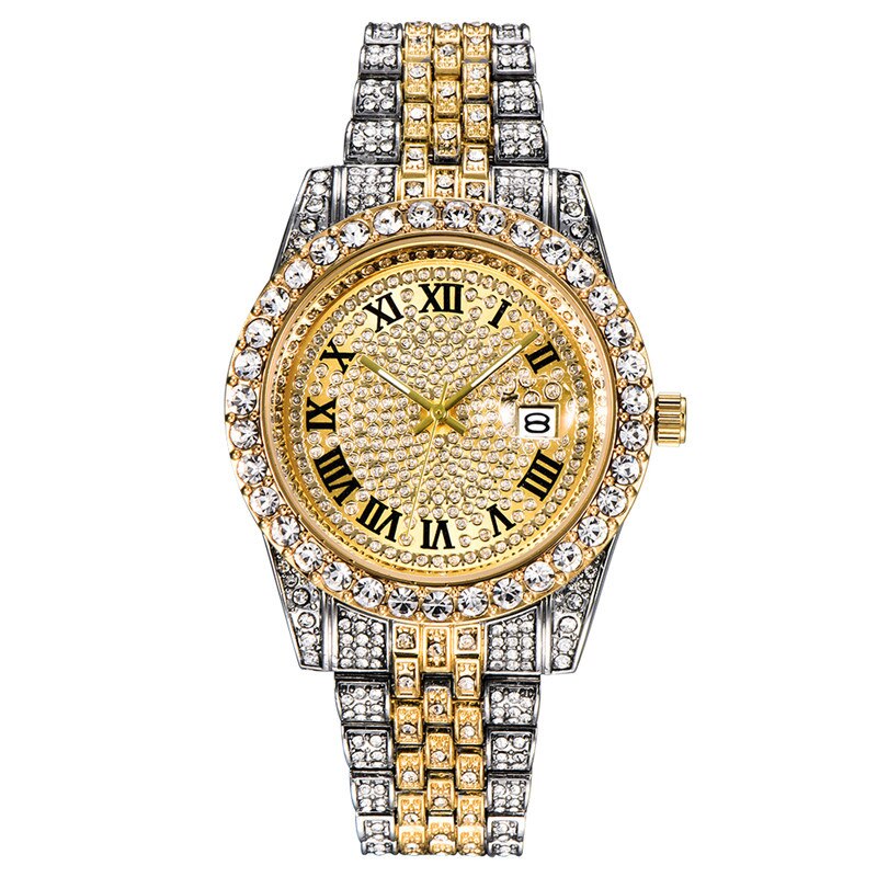 Alliceonyou Goud Zilver Kleur Zirconia Horloges Hip Hop Mode Diamanten Armband Roestvrij Staal Voor: Gold