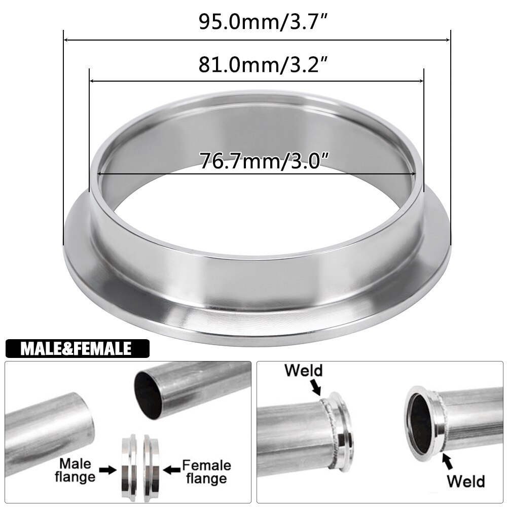 3 &quot;Sus 304 Staal Roestvrij Uitlaat V Band Klem Flens Kit Quick Release Clamp Mannelijke Vrouwelijke Flens Platte Flens auto Accessoires
