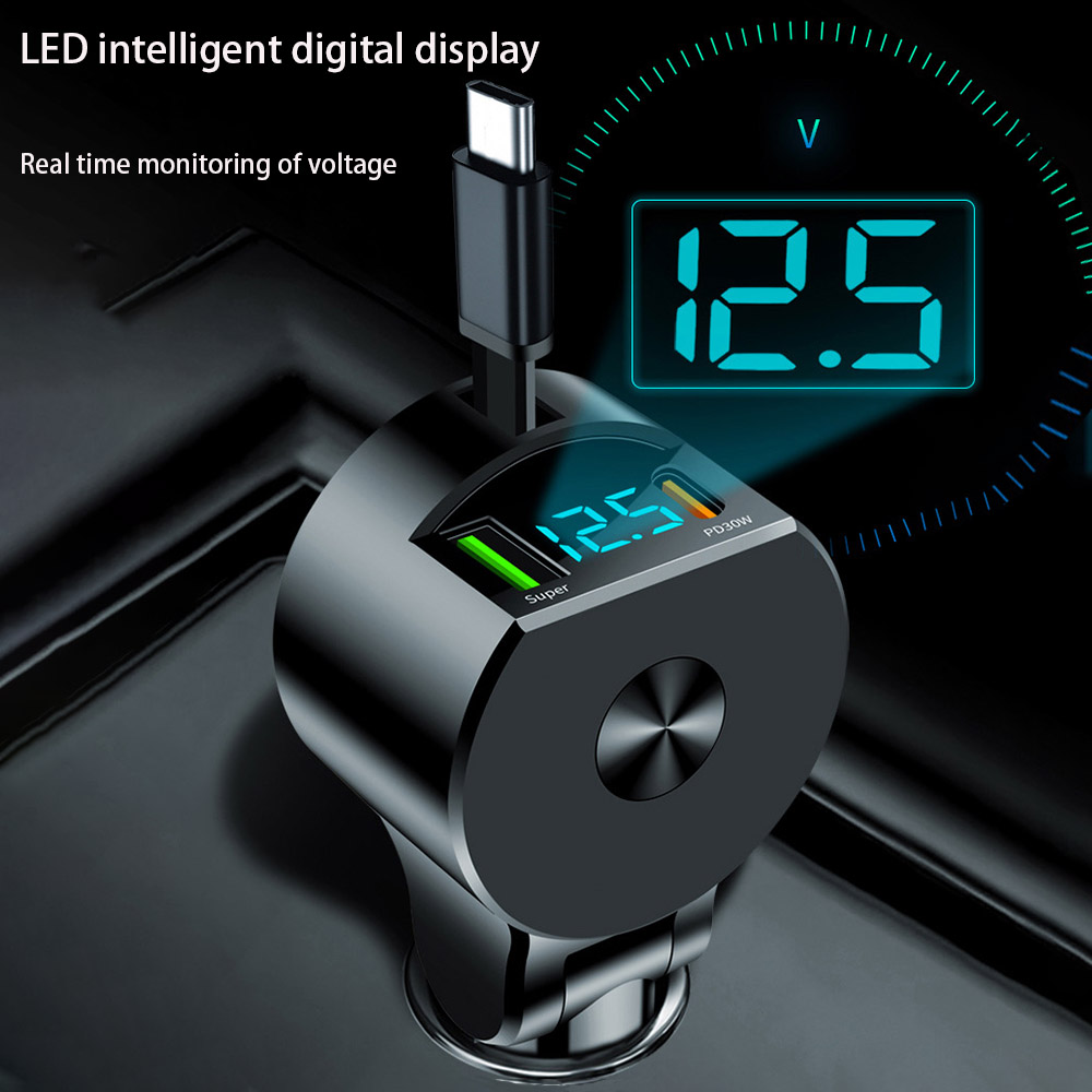 Autolader met spanningsdetectie, supersnel verstelbare 3-in-1 intrekbare telefoonoplader, USB QC3.0 Type C PD USB C snellader