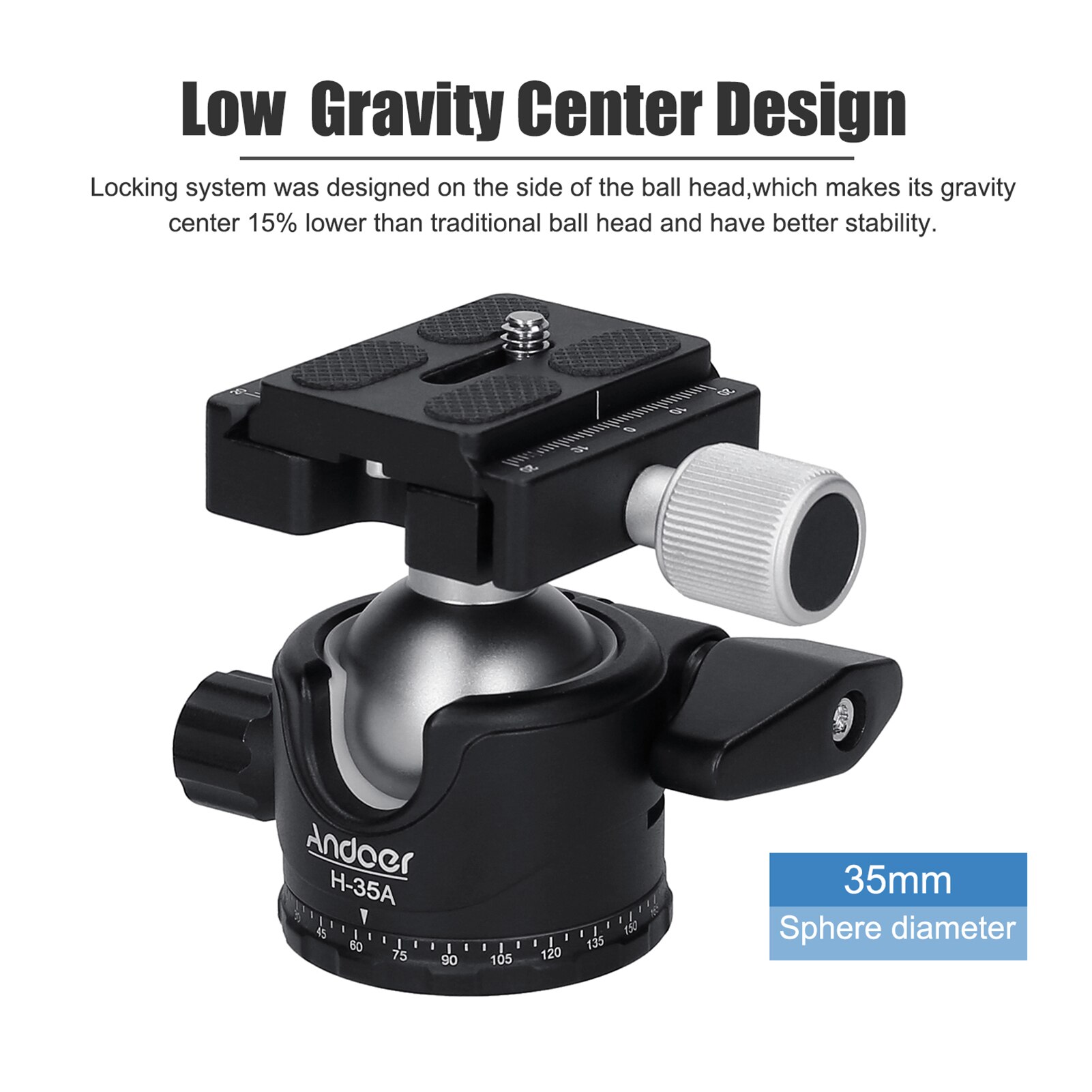 Andoer-tripé panorâmico para esferas, adaptador para montagem em tripé, cabeça esférica, ranhura em u, centro de gravidade, liga de alumínio, max capacidade de carga de 15kg