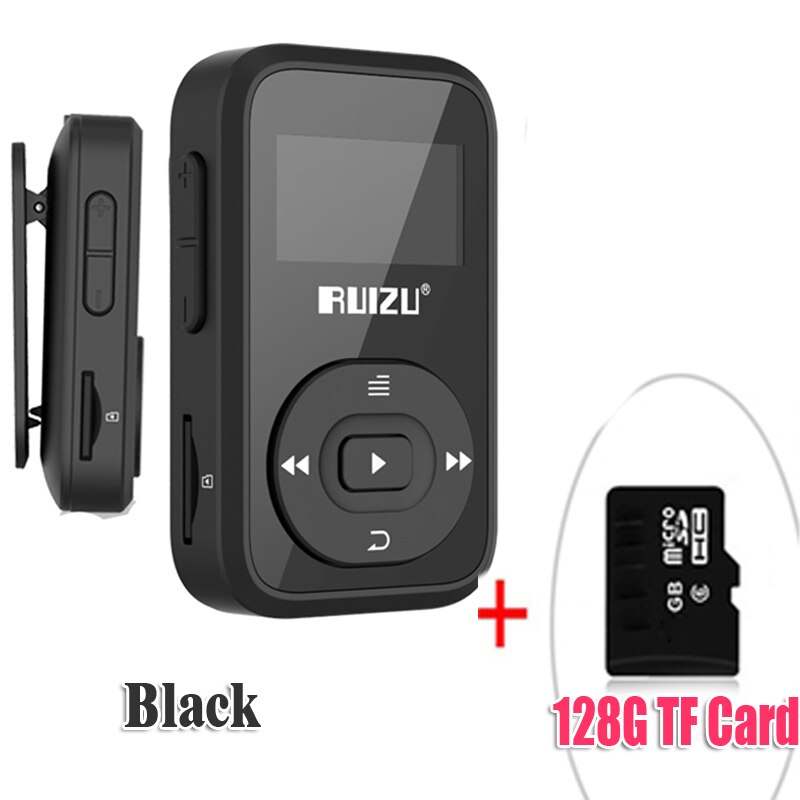 Nuovo arrivo originale RUIZU X26 Sport Bluetooth lettore MP3 8gb Clip Mini con supporto schermo FM, registrazione, E-Book, orologio, contapassi: BlackWith128GBTFcard