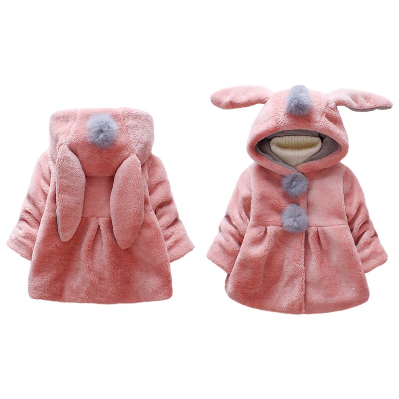 Winter Baby Girl Warm Coat Kids Clothes Thick Solid Color Long Ears Long Sleeve Hooded Jacket Autumn