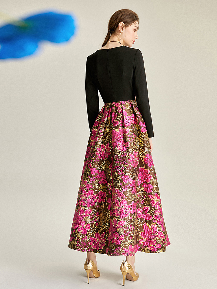 DEVCHATA Vintage Dames Jacquard Jurk Elegante Avondjurken Gesplitst ​ ​ Lente herfst bloemen bal lange jurk