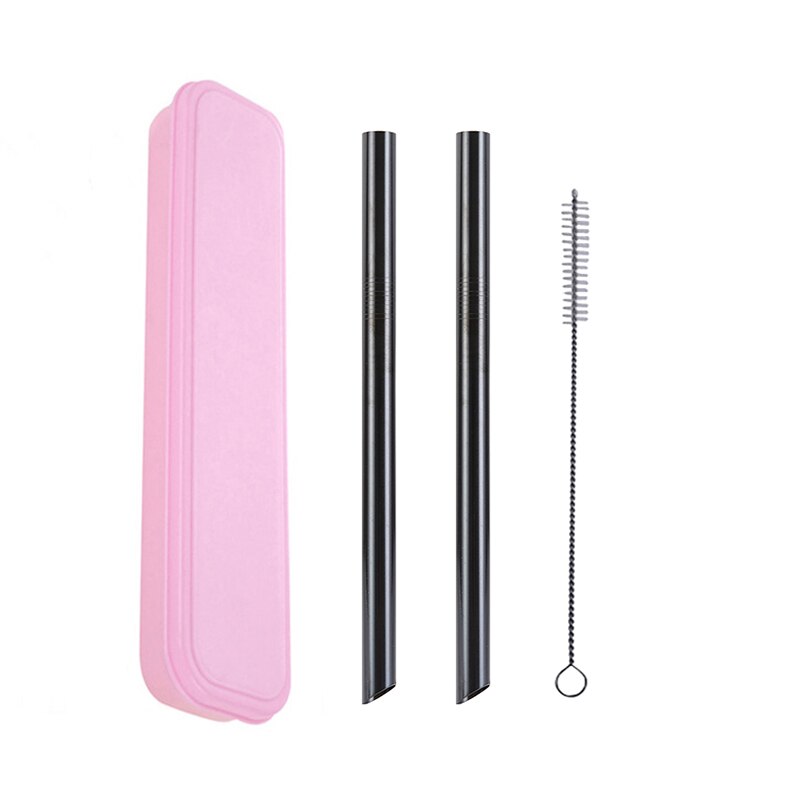 2Pcs Metall Wies Ende Stroh + 1Pc Pinsel Regenbogen Trinkhalme Wiederverwendbare Strohhalme 12mm * 215MM mit Tragbaren Box Oder Tasche: Pink Box Black